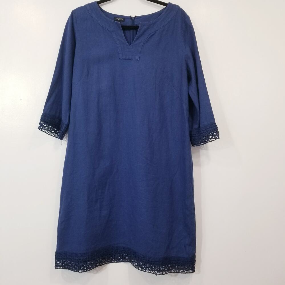 Talbots Navy Blue Dress 3/4 Sleeves with Crochet Trim on the Cuff & Hem Pockets